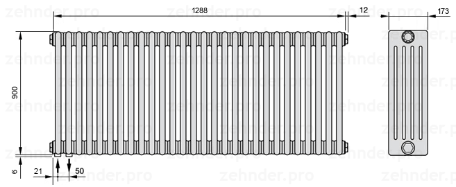 Схема (чертеж) Радиатор Zehnder Charleston 5090/28 №3370 Белый глянцевый RAL 9016
